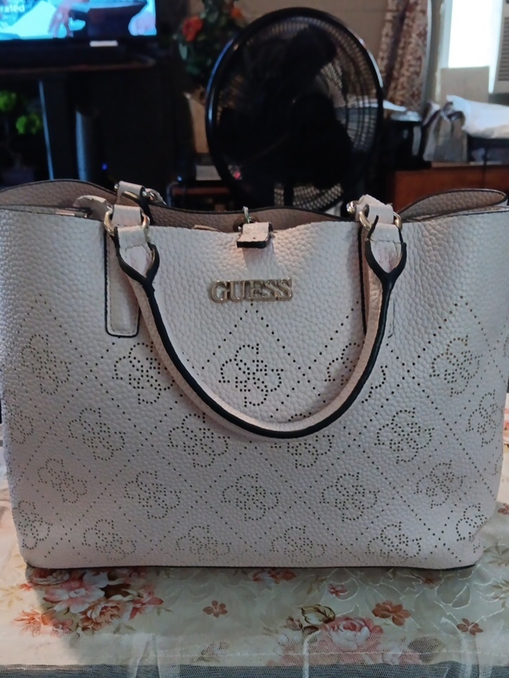 Guess Pink Cream Perforated Logo Tote with Gold-Tone Hardware